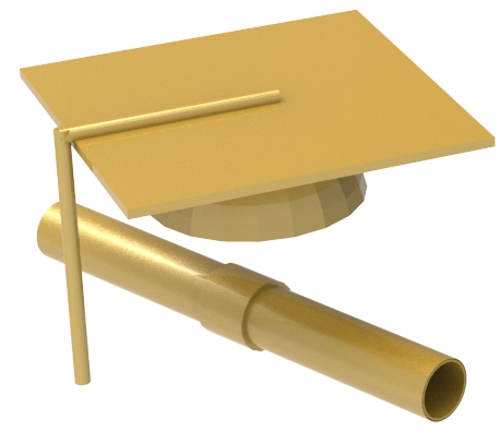 Image d'une toque pour diplômé avec un diplôme associé de couleur or 