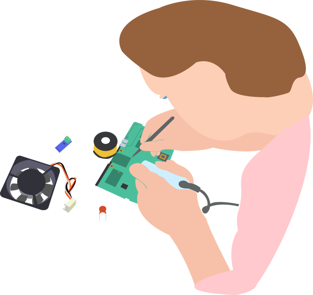 Illustration d'une femme manipulant un composant d'ingénierie électronique 